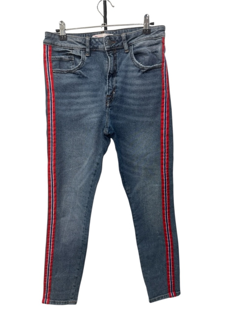 Zara Z1975 High-Rise Skinny jeans with red, blue, and metallic side stripe sz 8